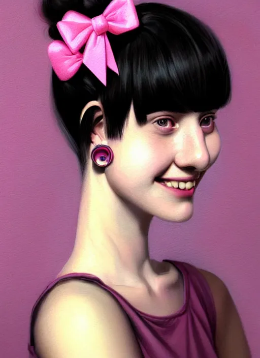 Image similar to portrait of high school girl, realistic, black hair, bangs, half updo hairstyle, pointy nose, skinny, smile, ugly, defined jawline, big chin, pink hair bow, earrings, intricate, elegant, glowing lights, highly detailed, digital painting, artstation, sharp focus, illustration, art by wlop, mars ravelo and greg rutkowski