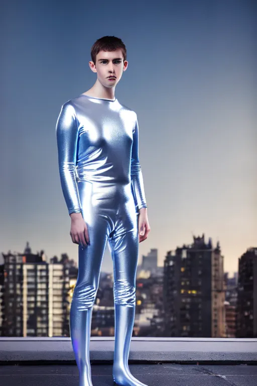 Image similar to un ultra high definition studio quality photographic art portrait of a young man standing on the rooftop of a british apartment building wearing soft baggy inflatable padded silver iridescent pearlescent clothing. three point light. extremely detailed. golden ratio, ray tracing, volumetric light, shallow depth of field. set dressed.