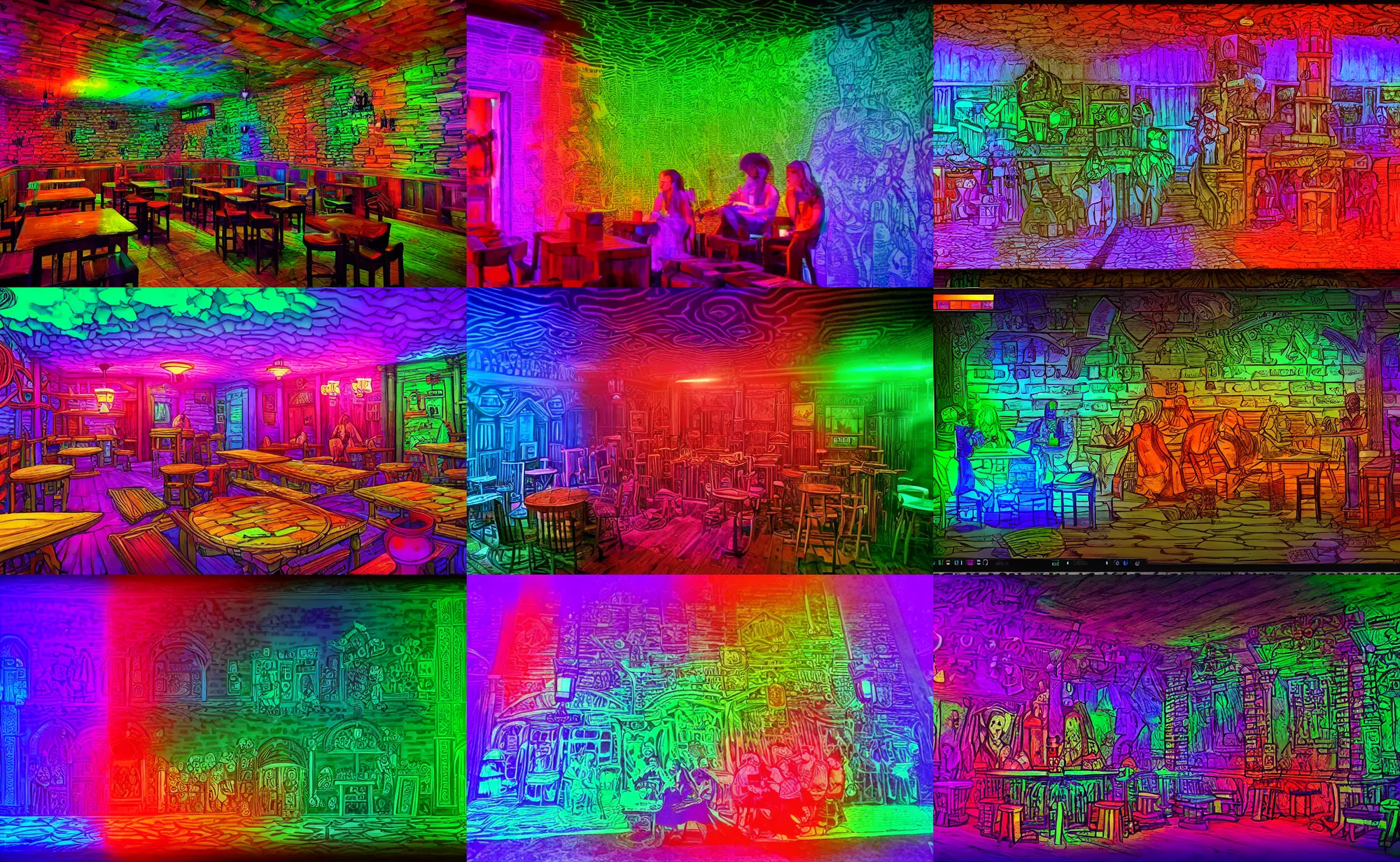 Prompt: beautiful colorful d & d tavern in a spectrogram