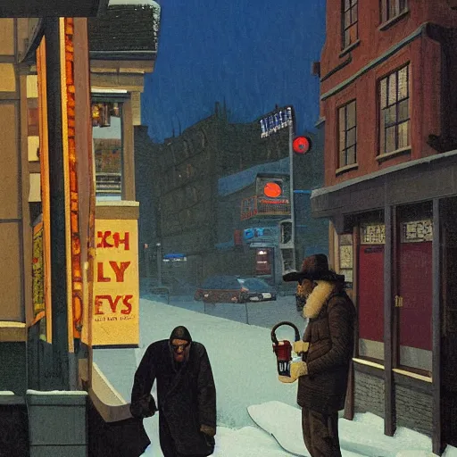 Image similar to 1 9 7 0 : a hirsute broad man in a { denim shearling jacket } smokes a { lit cigarette } outside a lonely bar in queens at 1 am, high quality high detail art by angus mcbride & n. c. wyeth, hd, realistic, photorealistic lighting, composition inspired by gregory crewdson.