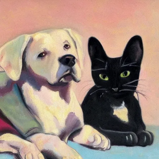 Image similar to beautiful portrait of a white dog and a black cat by charles camoin