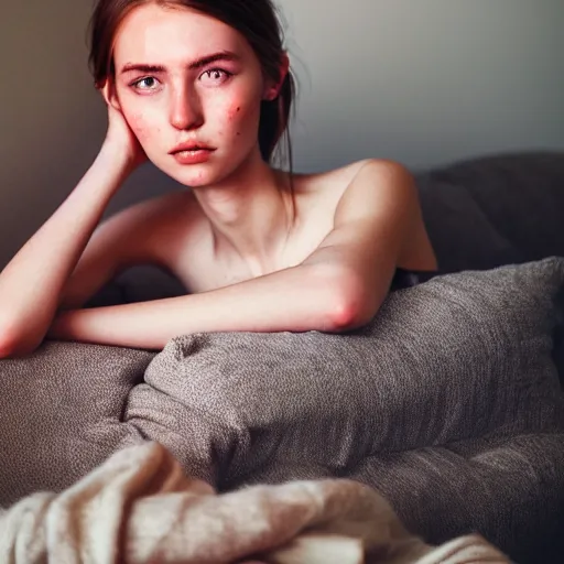 Image similar to portrait of a cute thin young woman, red blush, light freckles, soft smile, casual clothes, relaxing on the couch, home interior, golden hour, close up shot, 8 k, art by irakli nadar, hyperrealism, hyperdetailed, ultra realistic