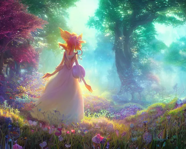 Image similar to beautiful faerie princess walks through happy trippy fungal landscape, by weta, pixar, dan mumford, yusuke murata, makoto shinkai, ross tran 8 k award winning photography, cosmic, heavenly, god rays, intricate detail, cinematic, unreal engine, cel shaded