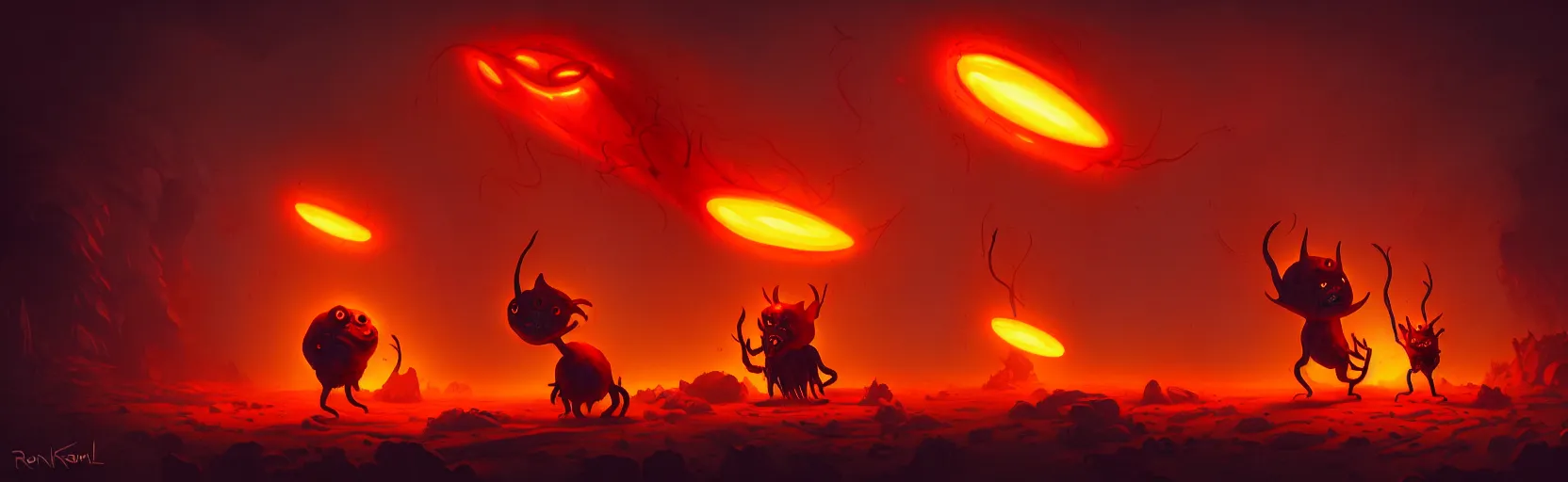 Image similar to wild whimsical fiery mutants from the depths of a wasteland deep in the imaginal realm, dramatic lighting, surreal fleischer cartoon characters, shallow dof, surreal painting by ronny khalil