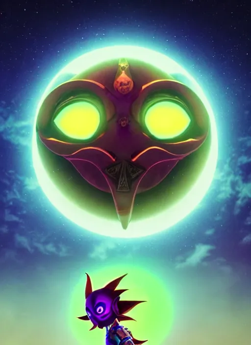 Prompt: majora\'s mask evil moon looking at link maniacally, night sky, starry night, legend of zelda, dramatic lighting, cinematic, film, dynamic pose,  movie scene, colorful, dark, concept, 8K, actor as role, octane render, visionary, artstation,neon lighting, intense shadows, legend of zelda link staring at the moon, insanely detailed octane render, 8k film photography, photorealistic,