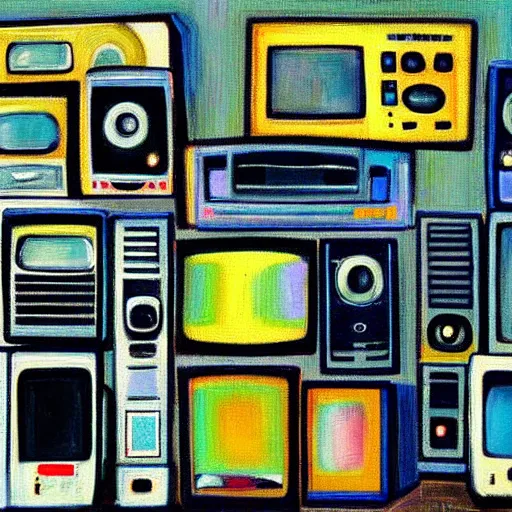 Image similar to array of crt televisions, fuzzy, tv static, antenna, stacked, polaroid, steroids, adult video store, impressionist painting, painting, acrylic painting, cell shaded