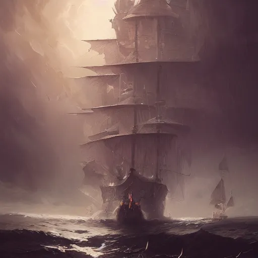 Image similar to detailed white pirate ship with large feathered wings by greg rutkowski, enigmatic atmosphere, beautiful and cinematic lighting, artstation hq.