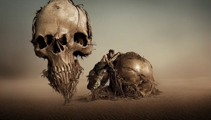 Image similar to a vast wasteland, 1 colossal skull half covered in dust and sand, overgrown with plants, dried leaves, cinematic lighting, trending on artstation, national geographic photography, digital painting, elaborate matte painting