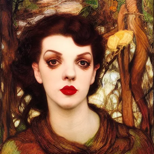 Image similar to portrait of a hybrid of judy garland and lady gaga with marfan syndrome, full lips, downward slanting eyes, with a brown fringe, holman hunt, john william waterhouse, kilian eng, rosetti, john everett millais, william holman hunt, 4 k