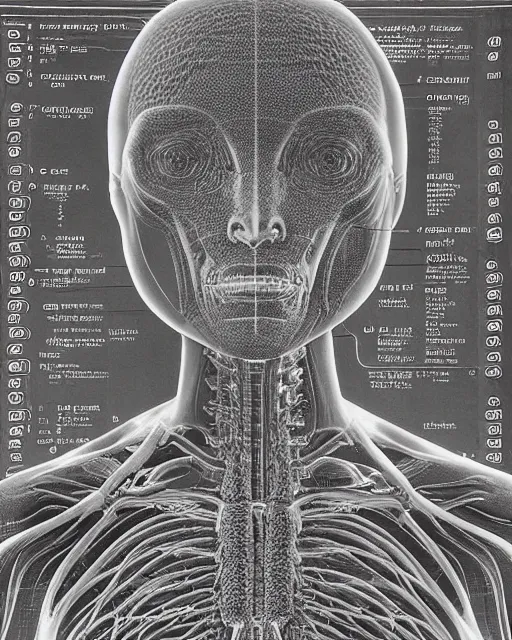 Prompt: “ an extremely detailed scan of a medical textbook diagram of an alien, 4 k detail ”