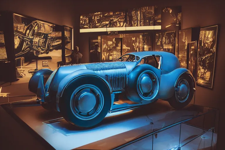 Image similar to cyberpunk 1 9 2 6 bugatti type 3 5, volumetric lighting, in a museum, museum exhibit, museum lighting, 9 0 s film photo