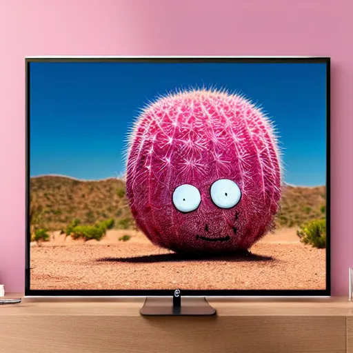 Image similar to Realistic pink cactus with laughing face in the desert, movie shot, studio shot, studio lighting, 8k