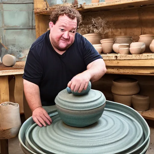 Prompt: johnny vegas making a huge teapot out of wet clay, on a pottery wheel, art school, studio, wet clay, Michael Joseph Pennington, photorealistic