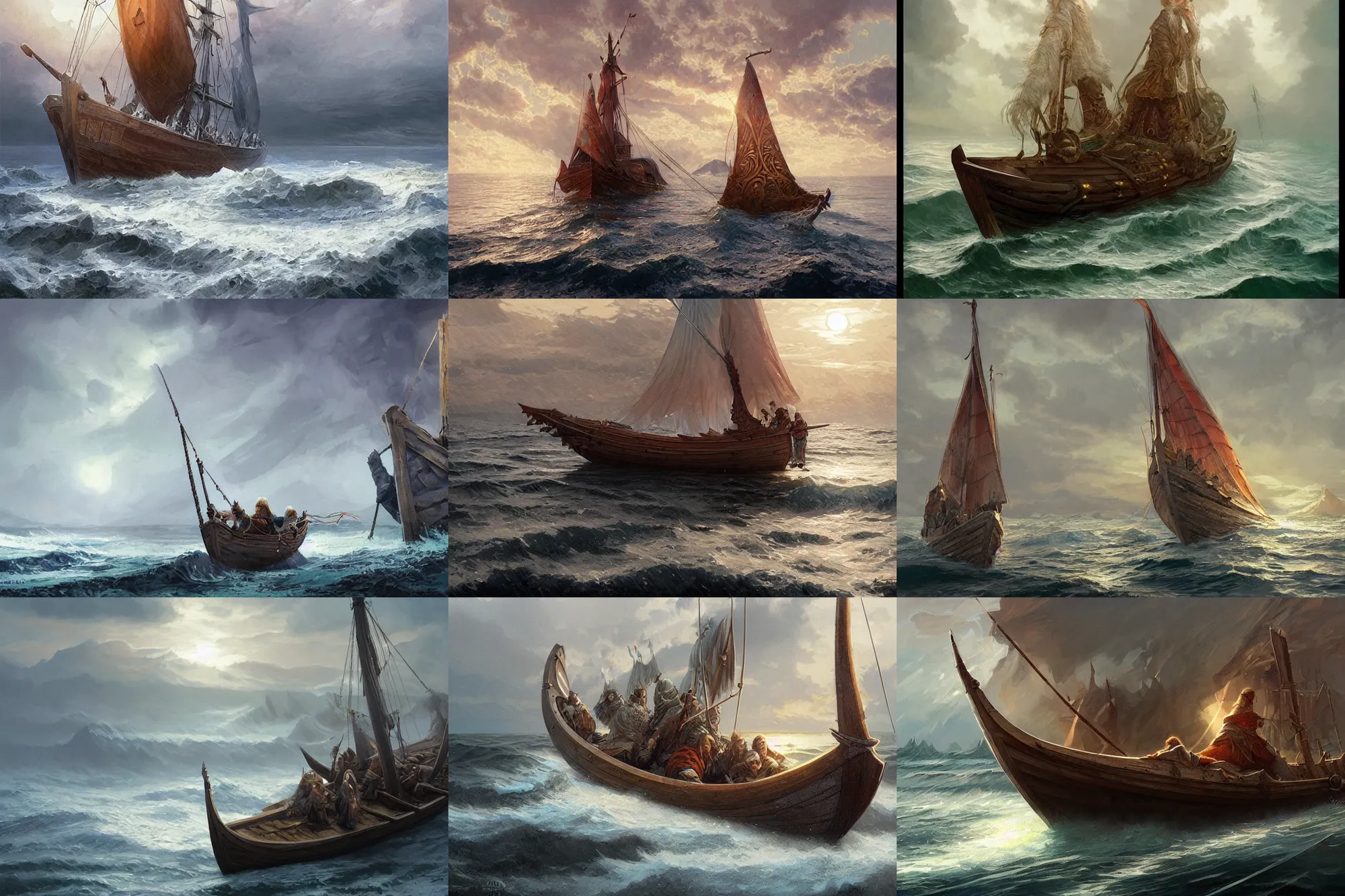 Prompt: single viking longship, sea, ocean, cold, winter, highly detailed, digital painting, artstation, concept art, sharp focus, illustration, art by artgerm and greg rutkowski and alphonse mucha