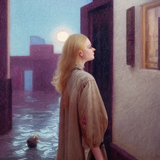 Prompt: Elle Fanning in Santorini in the world of Adam Wyeth, stormy weather, extremely detailed masterpiece, oil on canvas, low-key neon lighting, artstation, Blade Runner 2049, Roger Deakin’s cinematography, by J. C. Leyendecker and Peter Paul Rubens and Edward Hopper and Michael Sowa,