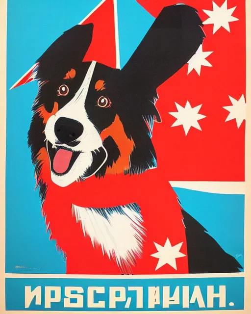 Image similar to soviet propaganda poster of an australian shepherd, soviet art