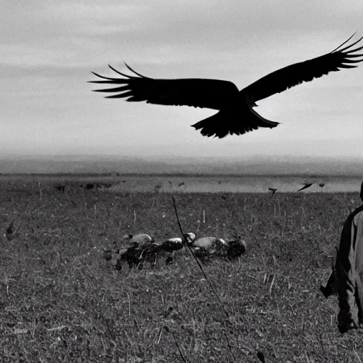 Prompt: a man watching vulture circling prey, ready to strike