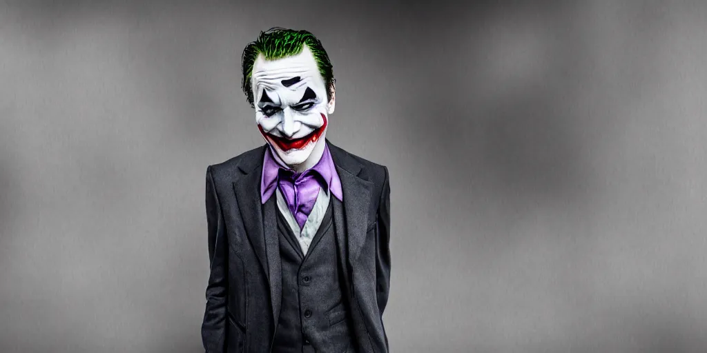 Image similar to joker wearing a suit style, photograph, grinning, creepy,