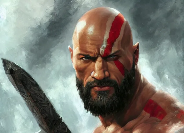 Image similar to a highly detailed beautiful portrait of dwayne johnson kratos hybrid god of war, by gregory manchess, james gurney, james jean, octane, fantasy