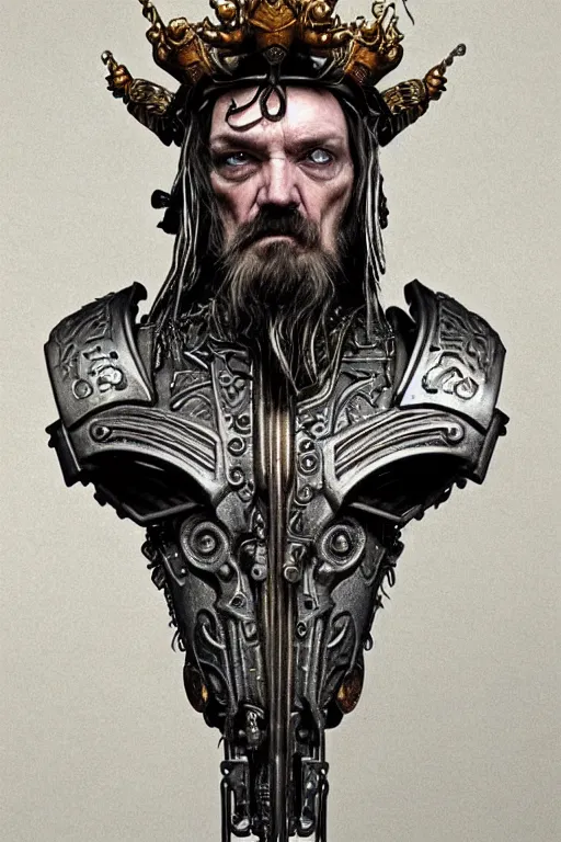 Prompt: a dramatic full-color art nouveau and ironpunk styled bust portrait of lemmy kilmister as a godlike and stoic alien king, with strong judging eyes, extremely detailed, art nouveau cybenetic engraved armor and intricately detailed angel-winged crown of cosmic power, perfectly symmetrical facial structure and framework, handsome yet brutal alien facial features of ancient swarth, by simon bisley, michael kaluta and travis charest, dark sci-fantasy, deeply ornate complexity, male face and bust, human anatomy mixed with cosmic alien and cyborg characteristics, sci-fi character concept, photorealism, art nouveau framing, stunning lighting, hyperrealism, 8k