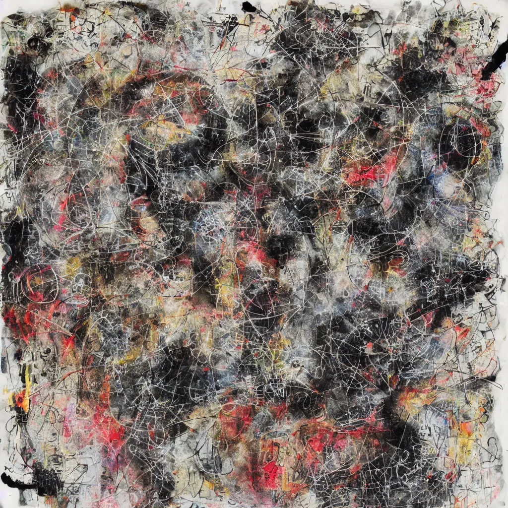 Image similar to mixed media artwork with unidentifiable stains, AI code, glitched rosicrucian symbols, astrological numbers, asemic writing, crayon lines, ink flourishes, alchemy symbols, pencil marks, calligraphic poetry, charcoal smudges, fragmented typography, illegible alphabets,