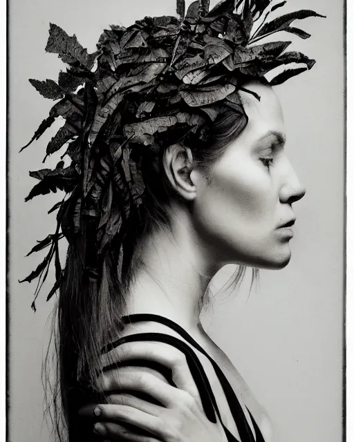 Prompt: a woman's face in profile, long hair made of leaf skeletons, in the style of the Dutch masters and Gregory Crewdson, dark and moody