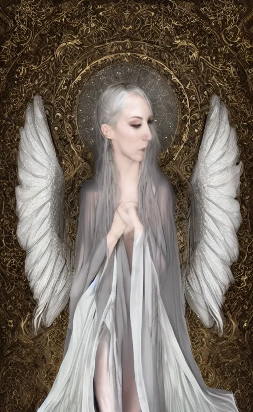 Prompt: angelic beauty with silver hair so pale and wan! and thin!?, flowing robes, covered in robes, lone pale wan fair angel, wearing robes of silver, flowing, pale skin, young cute face, covered!!, clothed!! style of lucien levy - dhurmer and jean deville, oil on canvas, 4 k resolution, aesthetic!, mystery