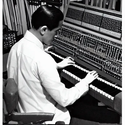 Image similar to photo of george gershwin playing a modular synthesizer, realistic, sharp focus, 4 k high definition, insanely detailed, intricate, elegant, art by stanley lau and artgerm