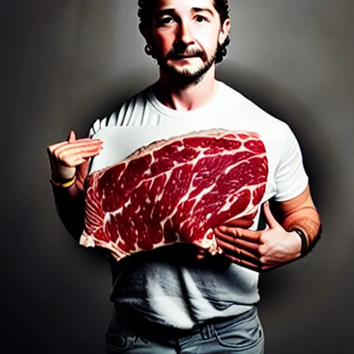 Prompt: uhd shia labeouf made entirely out of pieces of beef. photo by annie leibowitz