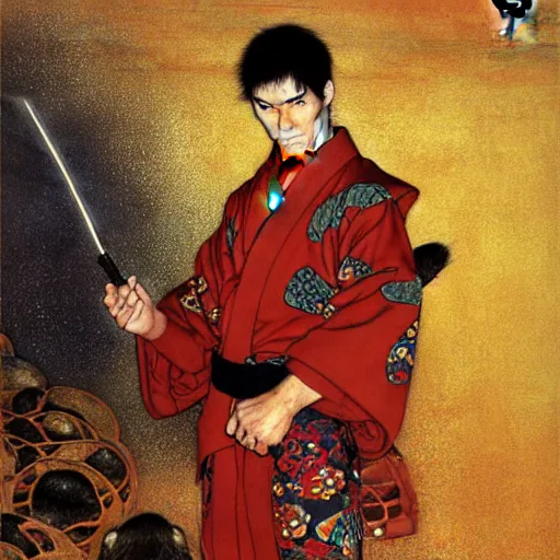 Image similar to a portrait of a male splinter ninja hamato yoshi in a red kimono in the sewers. furaffinity furry art detailed face painting by gaston bussiere craig mullins jc leyendecker gustav klimt artgerm greg rutkowski furry