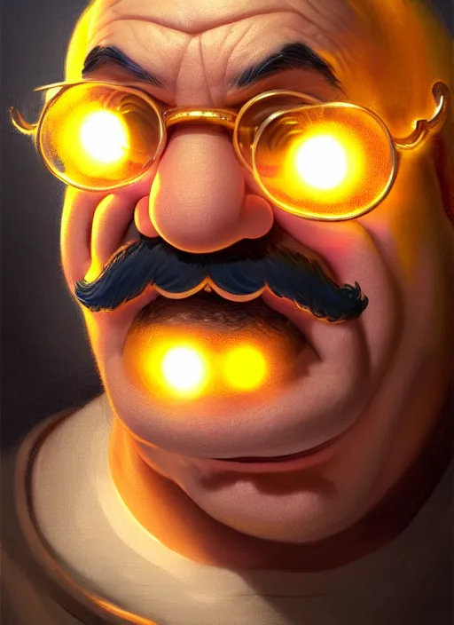 Image similar to realistic portrait of wario from warioware, intricate, elegant, glowing lights, highly detailed, digital painting, artstation, concept art, smooth, sharp focus, illustration, art by wlop, mars ravelo and greg rutkowski