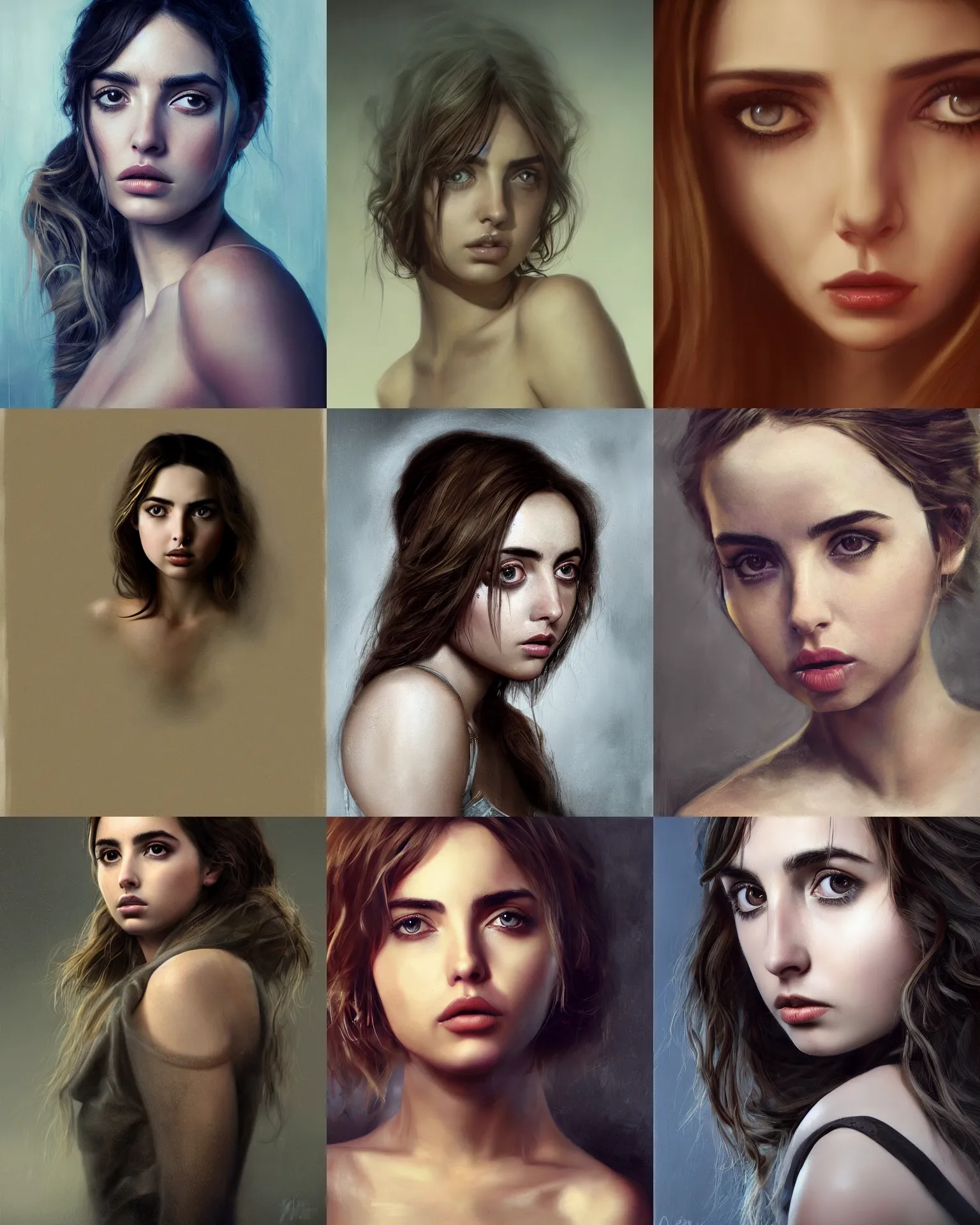 Prompt: a beautiful somber doomed surreal realistic portrait of Ana de Armas, concept art, smooth, details, 4k, painting by Alan Linnstaedt!!!