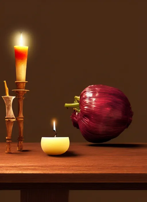 Image similar to a ballerina a wooden table, medieval concept art, cinematic lightning and colors, featured on cg society, photorealism, vray tracing, rendered in unreal engine, photorealistic, vegetables on table and candle, dark lightning, contrast shadows