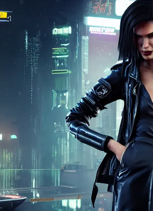 Prompt: black haired woman in a trench coat in a black cyberpunk 2 0 7 7, full body, intricate, highly detailed, face enhance, realistic