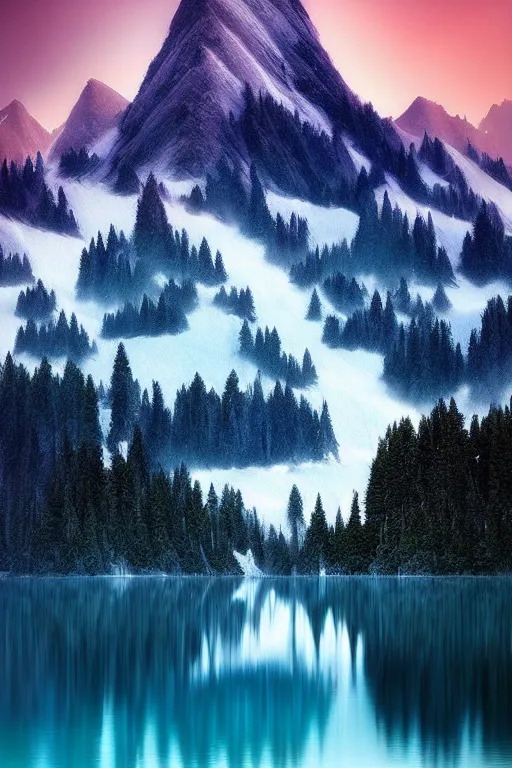 Prompt: a beautiful ethereal mountain scene with a blue lake by daniel kordan, photo realism, dark moody color palate,