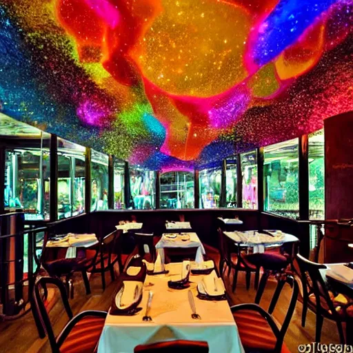 Image similar to The restaurant at the end of the universe, intricate, stunning, colorful, mysterious, ethereal atmosphere, stars