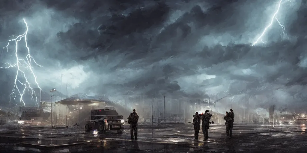 Image similar to private military company operatives standing outside immigration check point with severe weather storms behind, cinematic, realistic, detailed, intricate, digital art, ambient lightning, by jordan grimmer, industrial art style, 3 5 mm film grain, artstation
