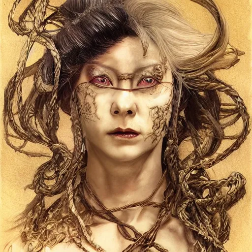 Image similar to portrait of a Shibari rope wrapped face and neck, headshot, insanely nice professional hair style, dramatic hair color, digital painting, of a old 15th century, old cyborg merchant, amber jewels, baroque, ornate clothing, scifi, realistic, hyperdetailed, chiaroscuro, concept art, art by Franz Hals and Jon Foster and Ayami Kojima and Amano and Karol Bak,