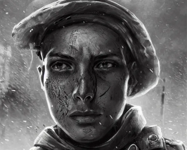 Prompt: A soldier in despair in a world war 1 trench, close-up, realistic face, beautiful face detail, black and white, amazing digital art, hyper detailed, artstation, in the style of Tony Sart