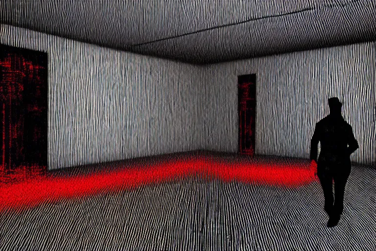 Prompt: cctv footage of an extremely dark empty room with evil horror humanoid cryptid monster made out of static, dark deep black shadows, crimson red and black color contrast in the style of trevor henderson and james ensor goya, liminal space, 3 d render, glitch effect