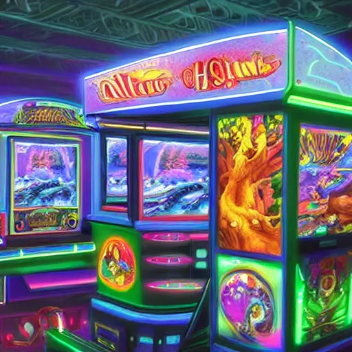 Image similar to a beautiful painting of a holographic video game arcade. art by tyler edlin and raffeaello ossola. look at that detail. trending on behance, artstation, 3 5 mm, 4 k, 8 k