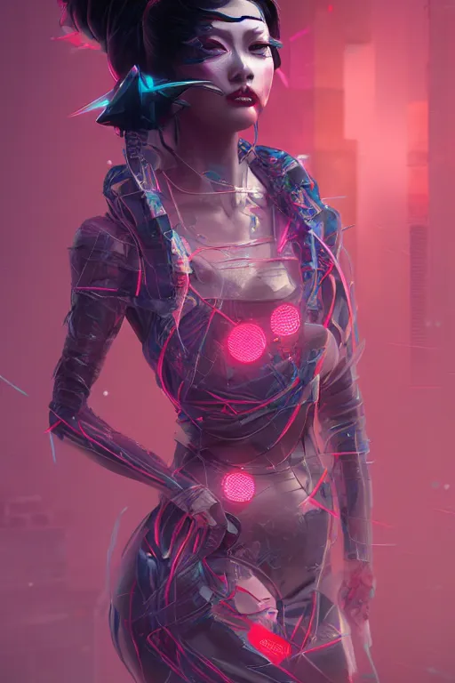 Image similar to Incredibly cyberpunk geisha by Ash Thorp and Artgerm, red LED lights, extremely beautiful and proportionate face, sharp focus, hyper detailed, octane render, biomechanical, volumetric lighting