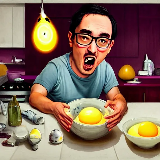 Image similar to Filthy Frank making eggs while screaming at the camera in his kitchen, fisheye lens, above angle, 8k resolution, realistic, hyperrealistic, detailed, very detailed, HD quality, digital art, trending on artstation