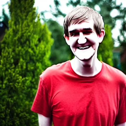 Image similar to bo burnham outside of his house, smiling and dancing