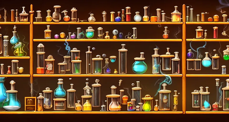 Prompt: a bookshelf of wonderful magical experiments, located in a wizard's shop, full of trinkets and magical potions flasks vials, bubbling liquids, smoking vessels, detailed, 4 k