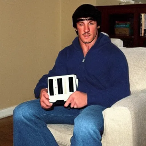 Image similar to rocky balboa holding a playstation!! controller!! video game console sitting in a chair