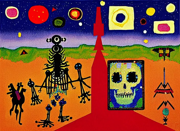 Image similar to pixel decollage painting tarot lovers card composition tower of babel road red armor maggot bear and wonky alien frog skeleton knight on a horse in a dark red cloudy night sky with golden foil jewish stars and diamonds, mountain lake and blossoming field in background, painted by Mark Rothko, Helen Frankenthaler, Danny Fox and Hilma af Klint, pixelated, neo expressionism, semi naive, pastel colors, cinematic, color field painting, cave painting, voxel, pop art look, outsider art, minimalistic. Bill Traylor painting, part by Philip Guston, Amano and Francis Bacon. art by Adrian Ghenie, very coherent symmetrical artwork, cinematic, hyper realism, high detail, octane render, unreal engine, Smooth gradients, depth of field, full body character drawing, extremely detailed, 8k, extreme detail, intricate detail, masterpiece