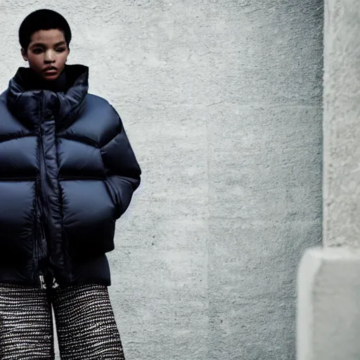 Image similar to realistic photoshooting for a new balenciaga lookbook color film photography close up portrait of a beautiful woman model, model wears a puffer jacket, photo in style of tyler mitchell, ssense