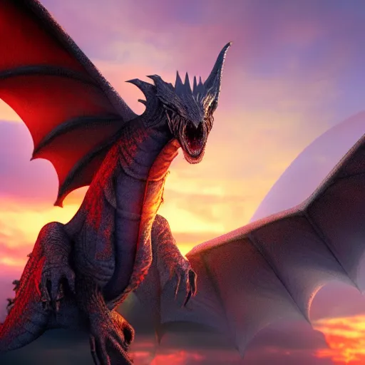 Image similar to a photorealistic alien that is a hybrid of a medieval dragon and a eagle in the sky during a sunset, ultra realistic, 4 k highly detailed