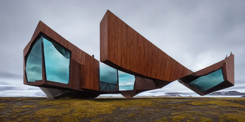 Image similar to futuristic architect house made from deconstucted ash wood and mirrors, floating, portal, refraction, iceberg, polar bear, iceland landscape photography, by lurie belegurschi and gunnar freyr